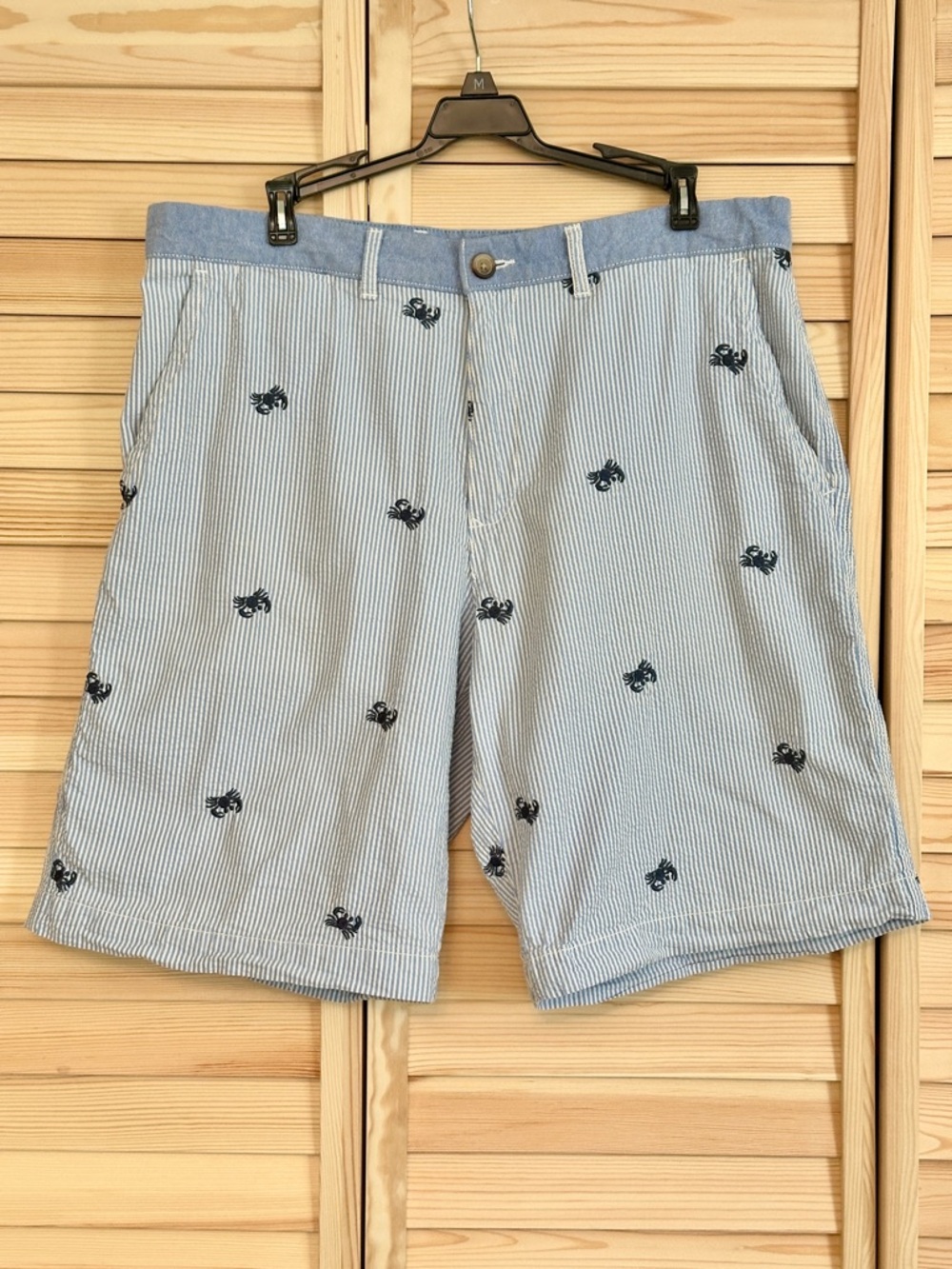 Tommy Hilfiger Seersucker Shorts Men‎ 36 Embroidered Crabs Stripe Blue Preppy